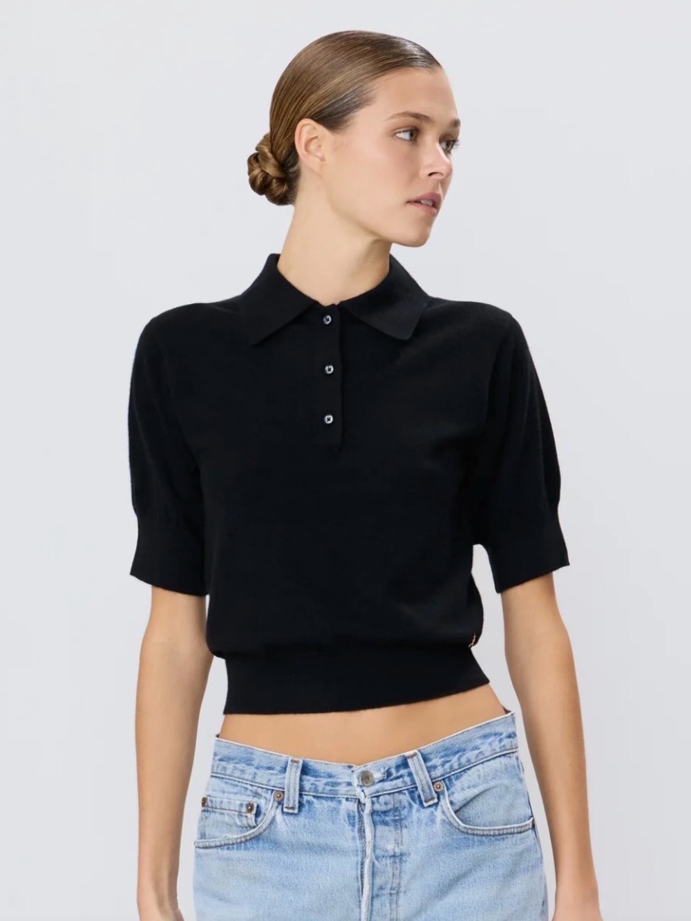 Tahari Black Short-Sleeve Viscose Blend Polo Knit Top S